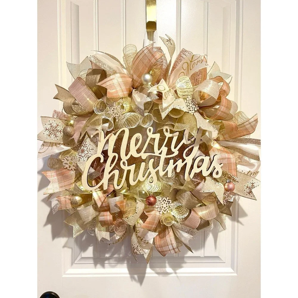 Christmas Snowflake Holiday Ribbon Door Wreath Handmade 22 ins LED W12 Gold Pink